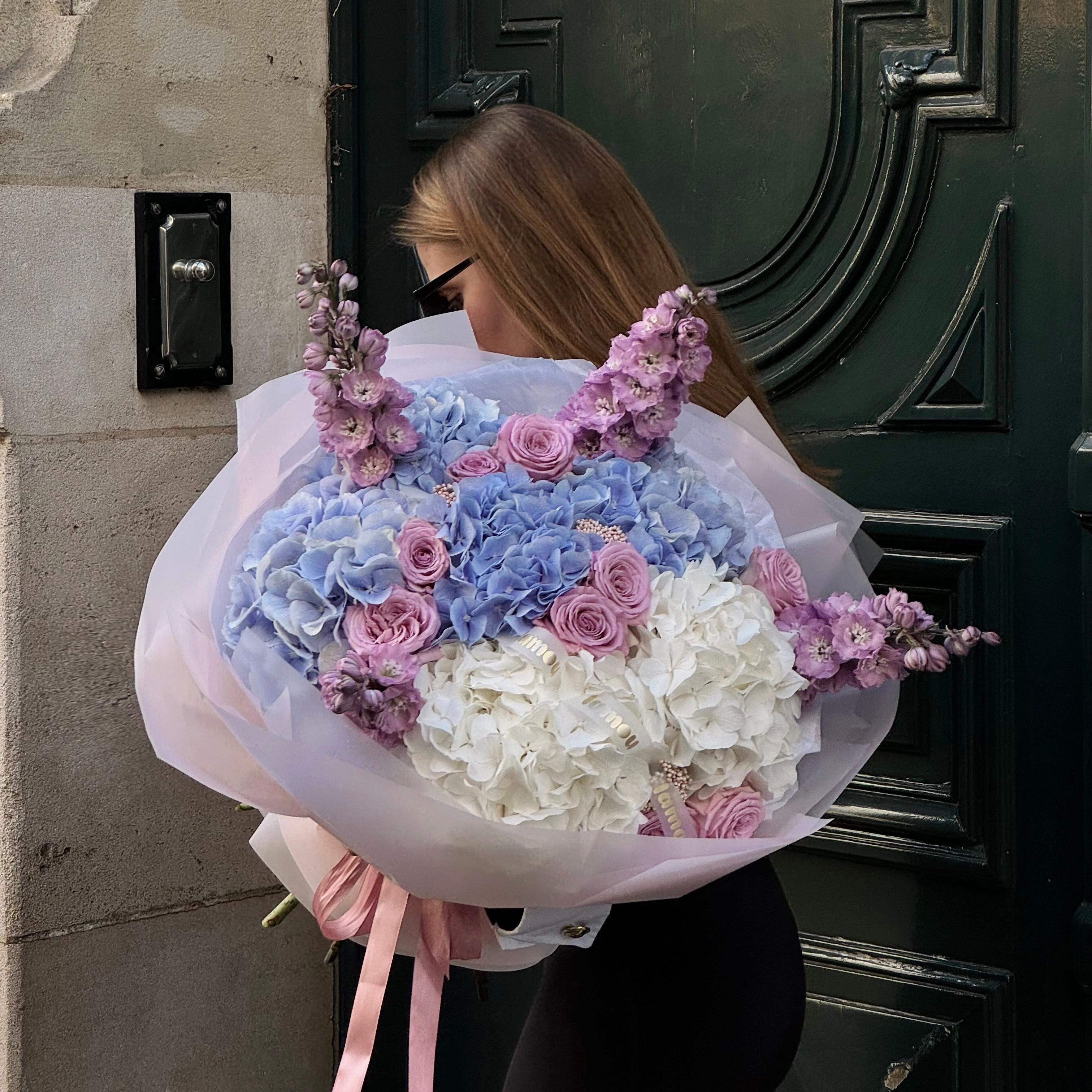 Hortensias with purple delphiniums - alternate view