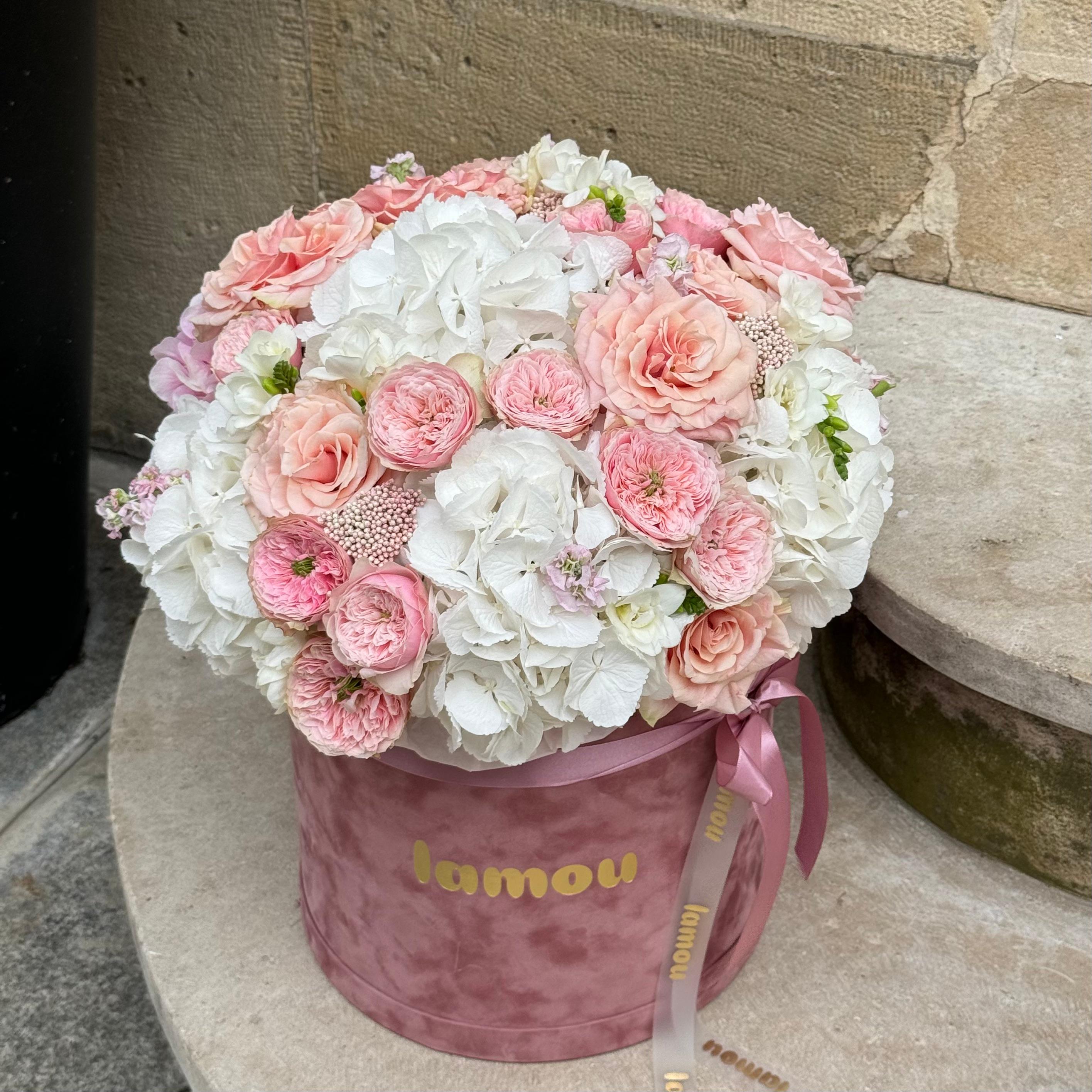 Pink box with white & pink flowers - alternate view