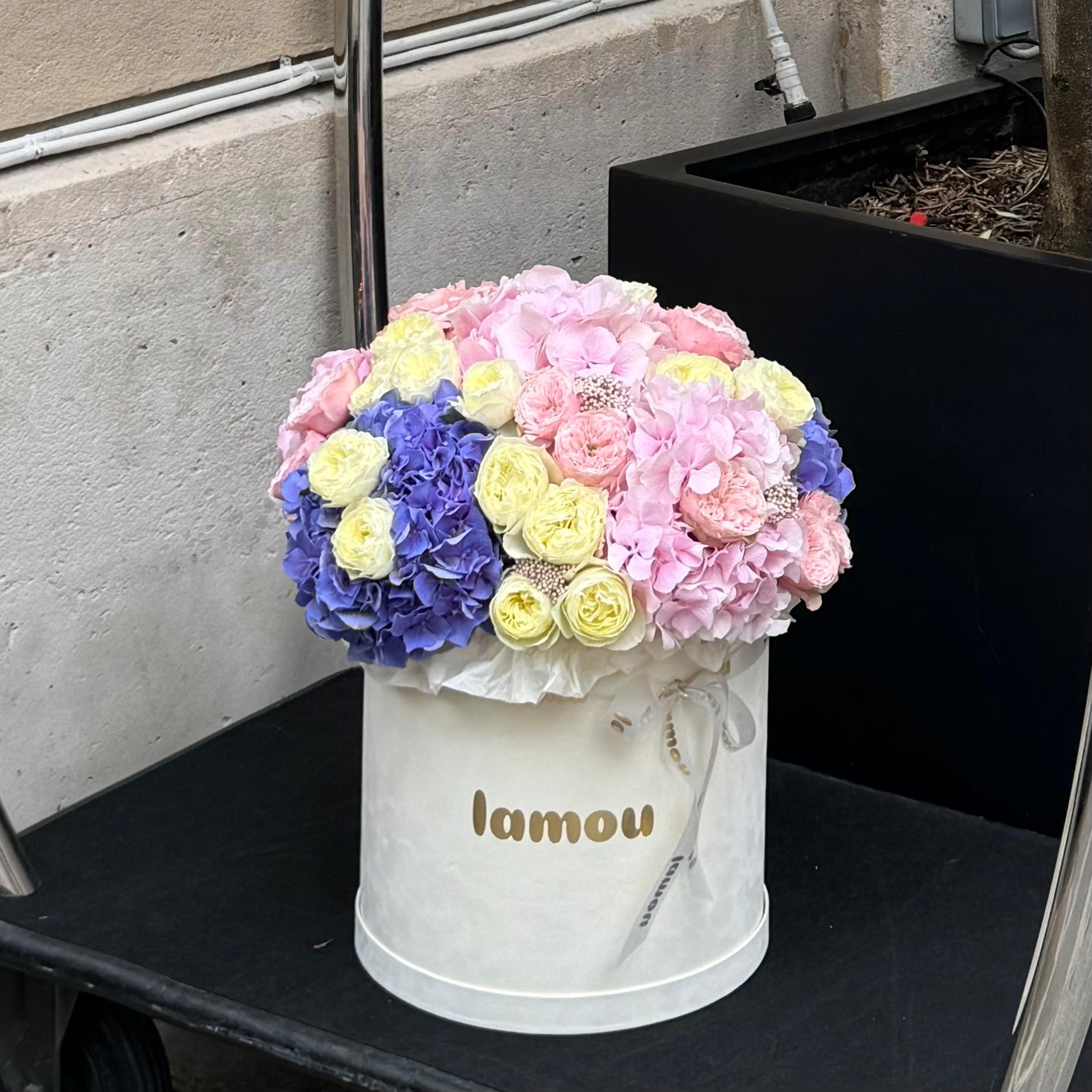 White box with pink, yellow and blue flowers