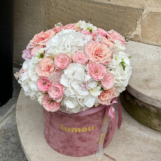 White Hydrangeas & Light Pink Roses Box